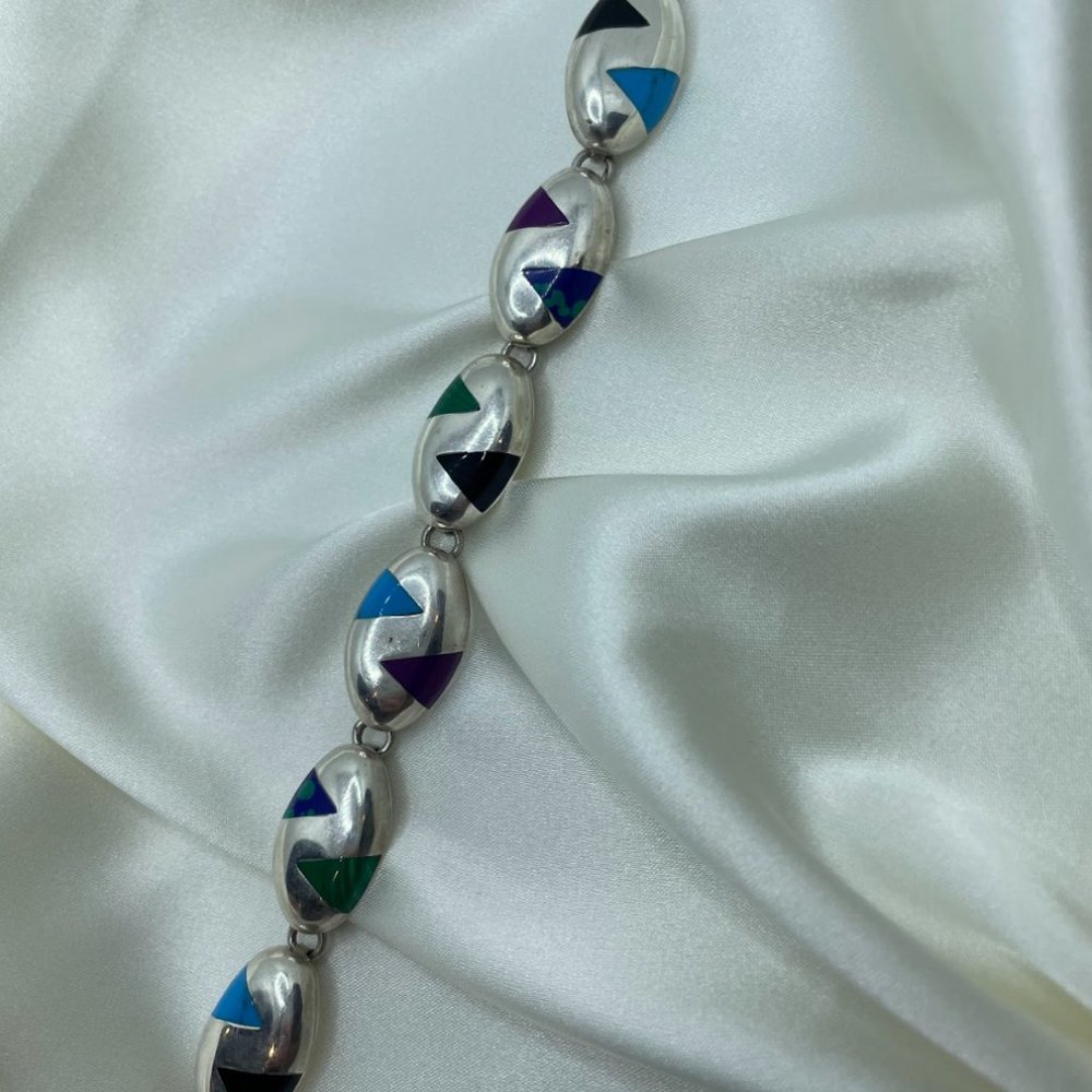 Beautiful Heavy Vintage Sterling and Colorful Inlay Bracelet